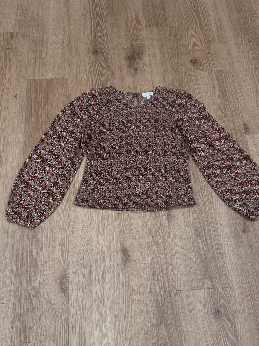 EVEREVE Floral Smocked Top XL Rust Burgundy Brown Long Sleeve Boho